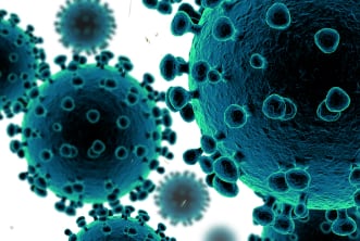 Microscopic view of SARS-CoV-2 virus.